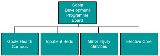Hierarchy diagram. Top level: Goole Development Programme Board. Second level: Goole Health Campus, Inpatient Beds, Minor Injury Services, Elective Care.